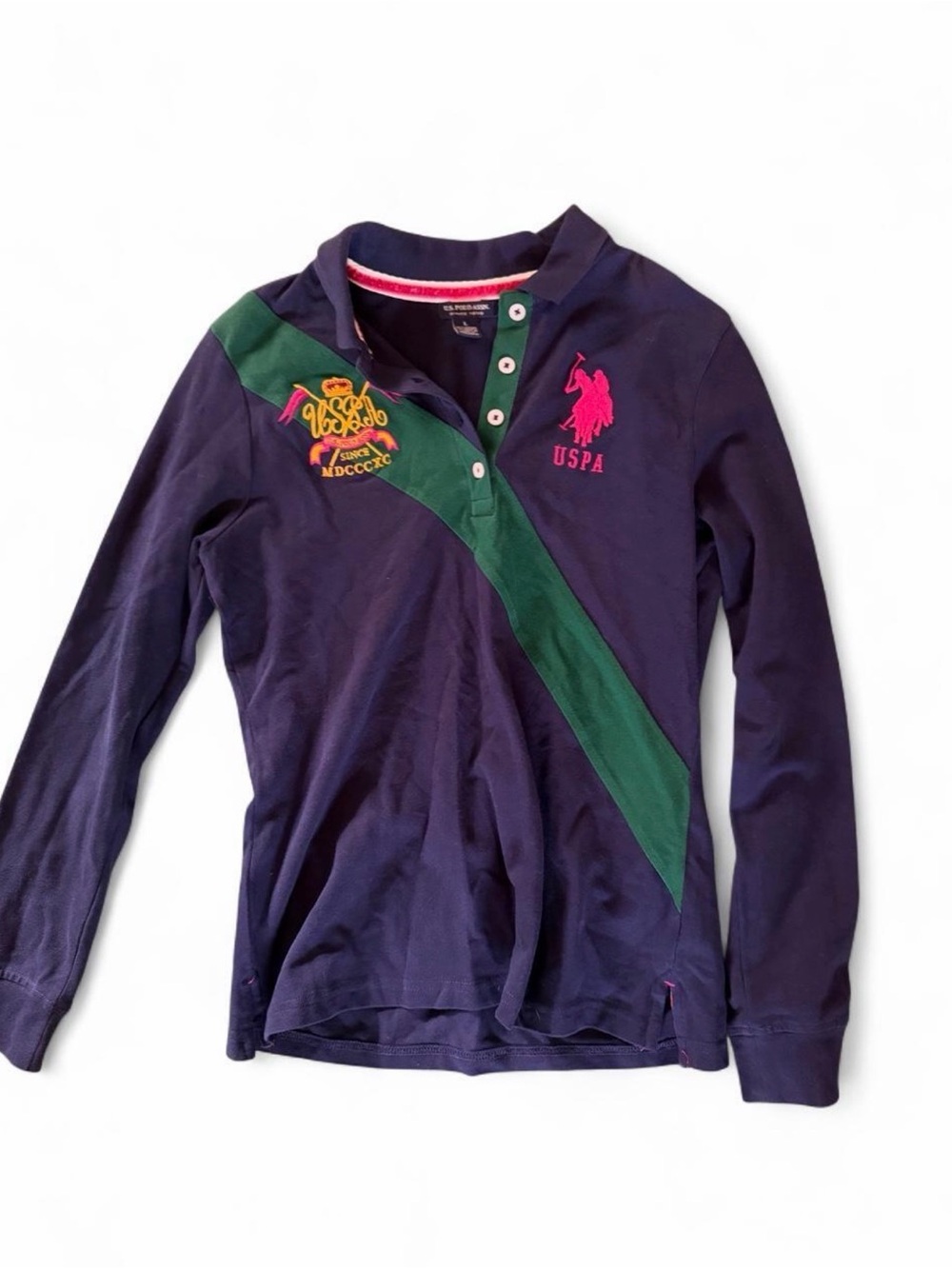 Kids size L woman’s Small Navy Long-Sleeve Polo with Green Sash